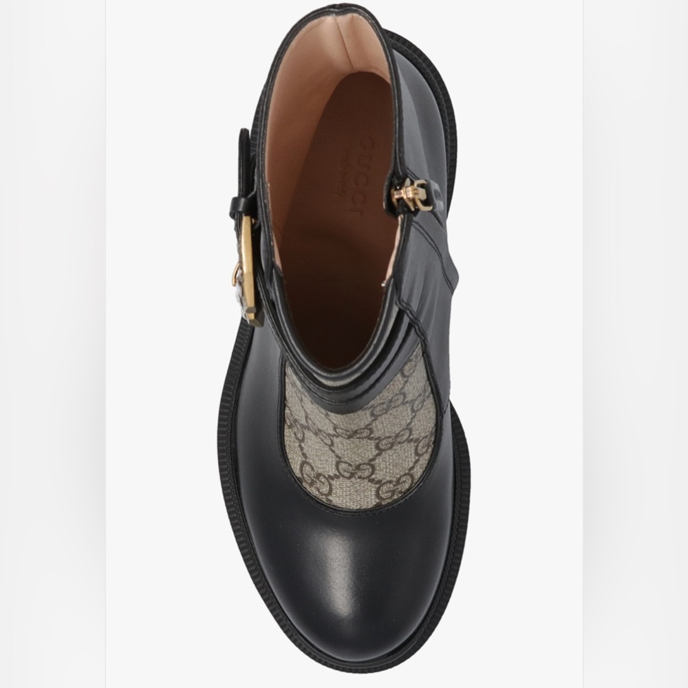 Gucci GG supreme leather block heel lug sole ankle boots with crystal buckles - Picture 4 of 9